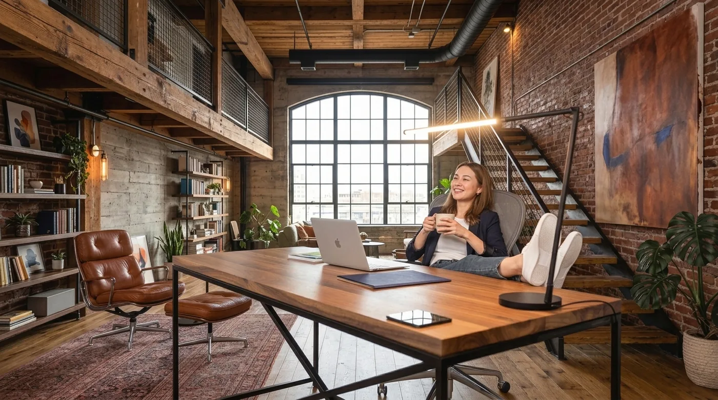 The same business owner the next morning, feet up on a clear desk with her coffee, taxes handled